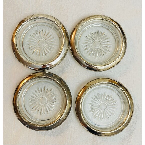 Set of 4 International Silver Co. Silverplate & Glass Coasters 4"  VTG Hong Kong - Picture 3 of 10